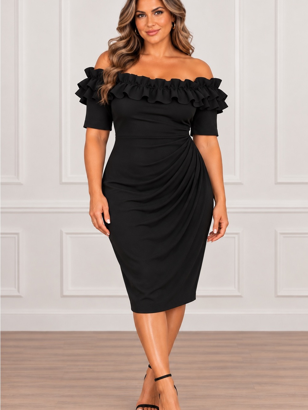 Xscape Black Off-Shoulder Ruffle Sheath Dress